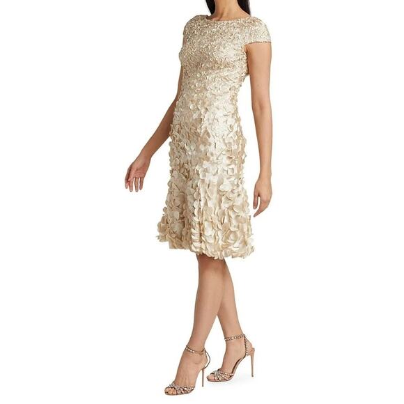 Theia Dresses & Skirts - $695 NWT Theia Beige Short Sleeve Beaded Petal Appliqué A-Line Dress Sz 12